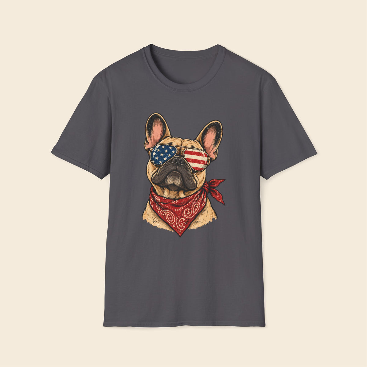 Cool Patriotic Frenchie Wearing Sunglasses With USA Flag T-Shirt